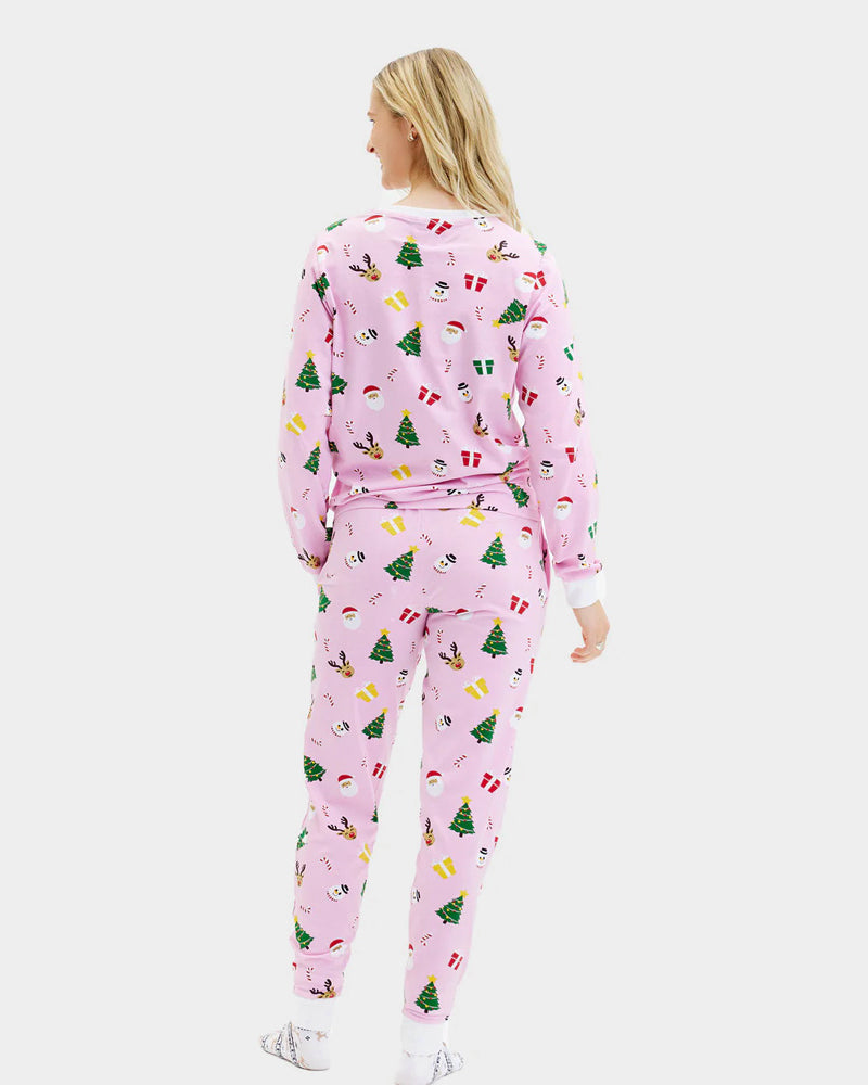 Pink Christmas Pyjama Women Family with Christmas Motifs