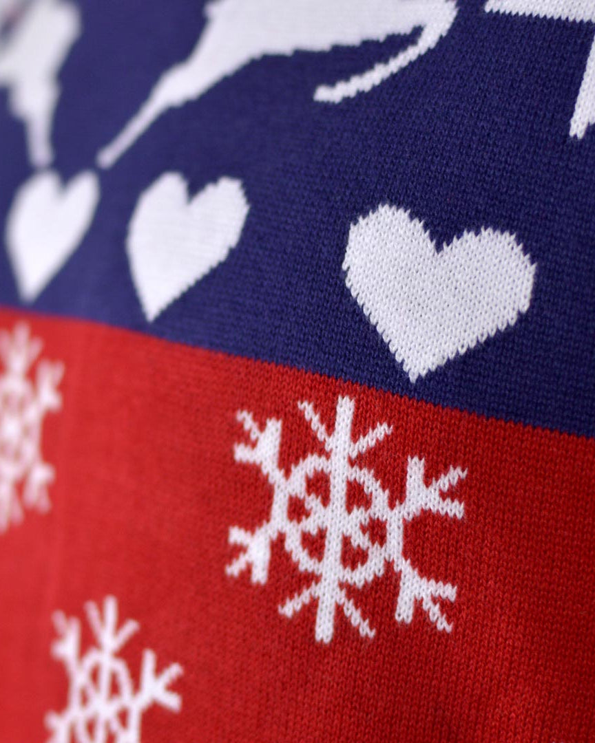 detail Red and Blue Men's Christmas Jumper with Reindeers and Hearts