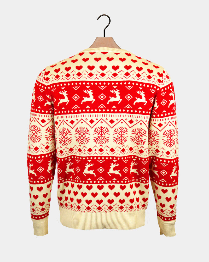 Red & Beige Mens Christmas Jumper with Hearts Organic Cotton