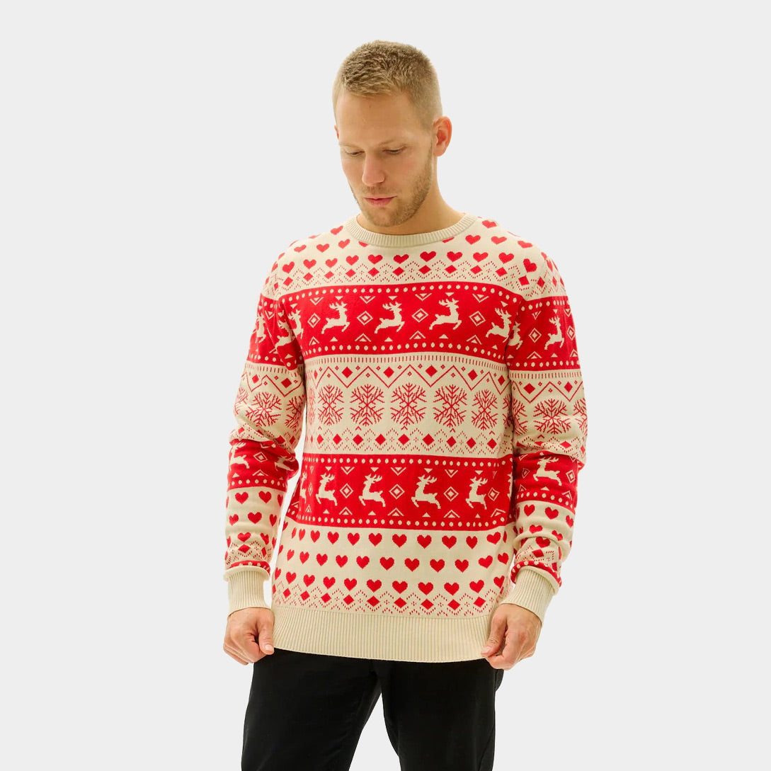 Hearts Red & Beige Organic Cotton Men's Christmas Jumper