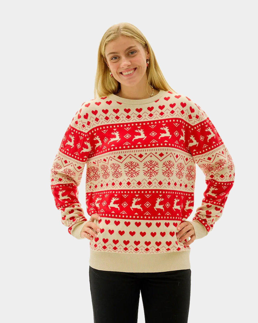 womens Red & Beige Organic Cotton Couple's Christmas Jumper with Hearts