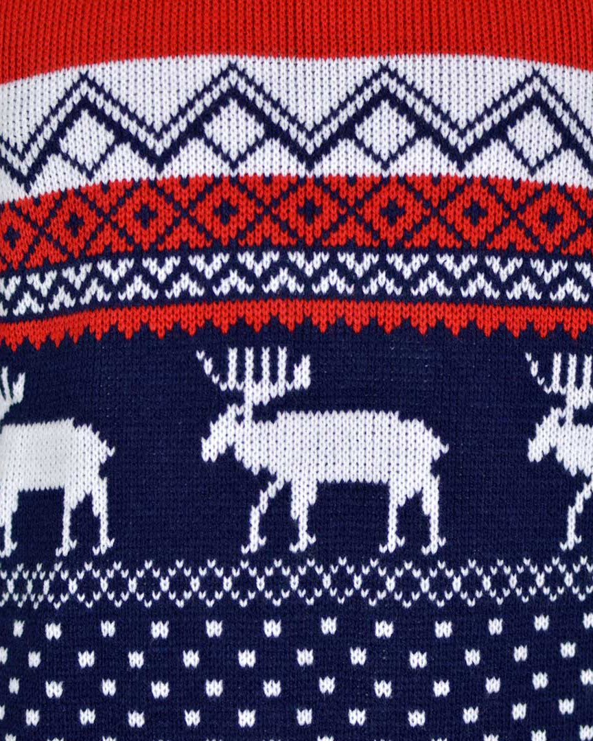 detail Red and Blue Couple's Christmas Jumper with Reindeers