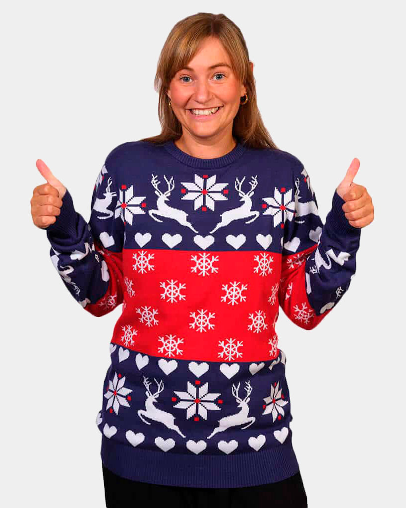 womens Red and Blue Couple's Christmas Jumper with Reindeers and Hearts