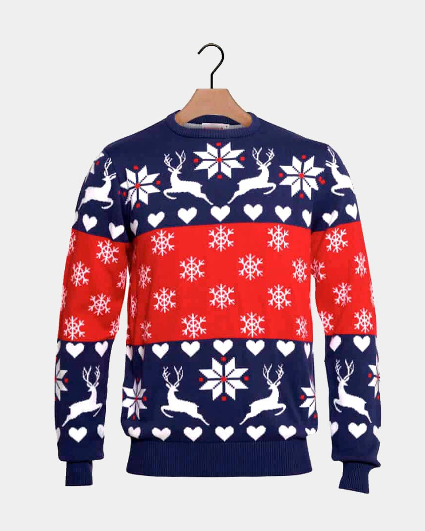 Red and Blue Couple's Christmas Jumper with Reindeers and Hearts