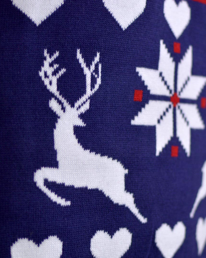 Detail Red and Blue Family Christmas Jumper with Reindeers and Hearts