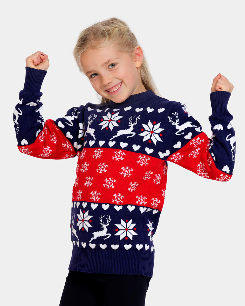 Red and Blue Boys and Girls Christmas Jumper with Reindeers and Hearts