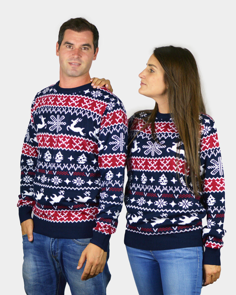 Red and Blue Strips Couple's Christmas Jumper