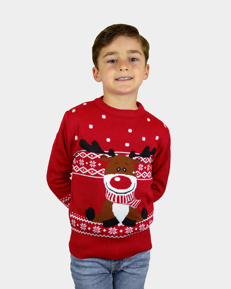 Red Boys Christmas Jumper with Rudolph the Happy Reindeer