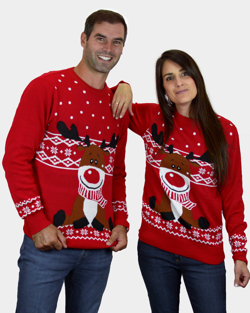 Red Boys and Girls Christmas Jumper with Rudolph the Happy Reindeer family