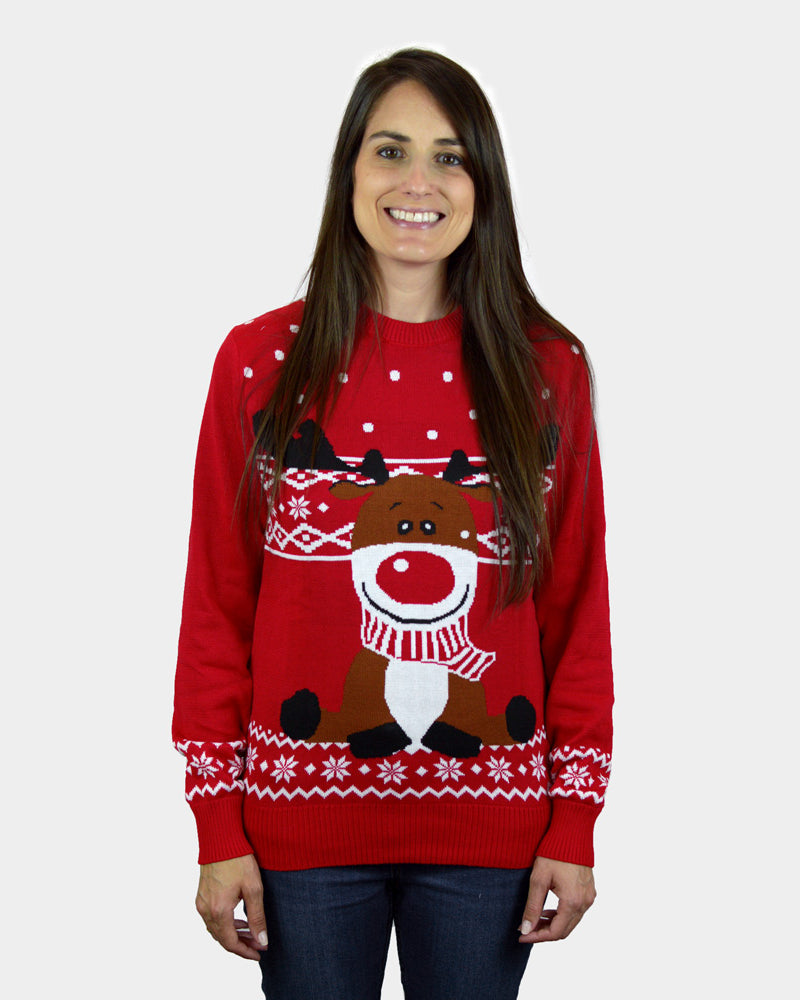 Womens Red Christmas Jumper with Rudolph the Happy Reindeer