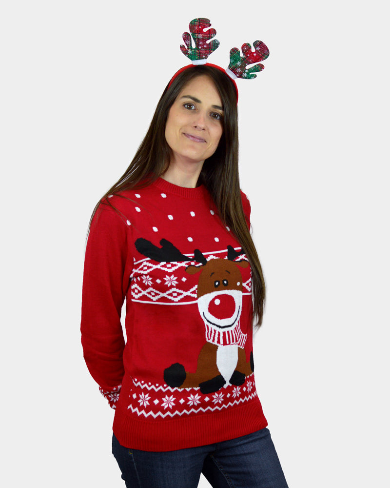 Red Christmas Jumper with Rudolph the Happy Reindeer womens
