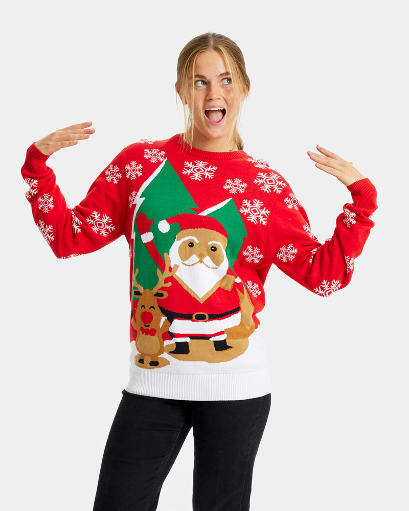 Red Women's Christmas Jumper with Santa and Reindeer Greeting
