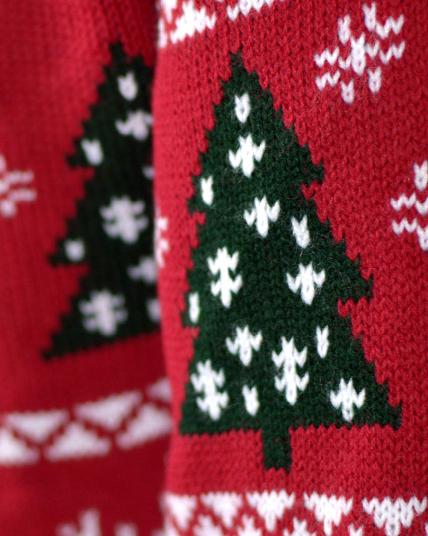 detail Red Couple's Christmas Jumper with Reindeers, Trees and Gifts