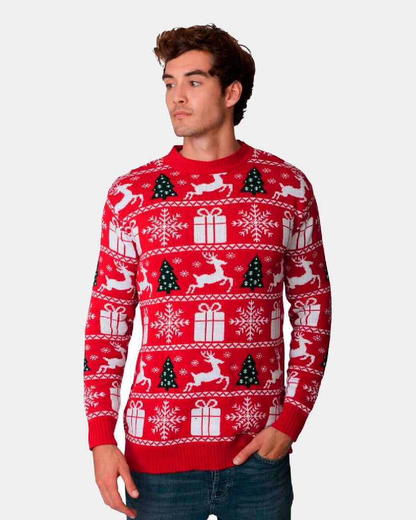 Red Couple's Christmas Jumper with Reindeers, Trees and Gifts mens