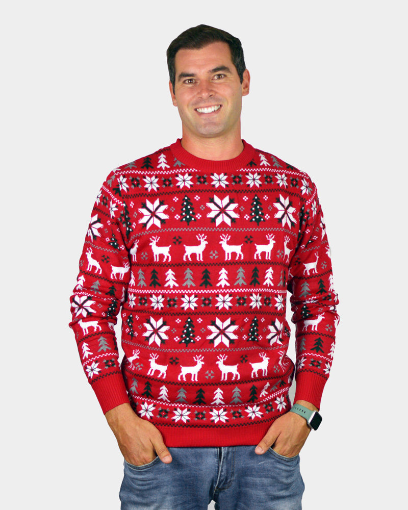 Red Couple's Christmas Jumper with Reindeers, Trees and Polar Star mens