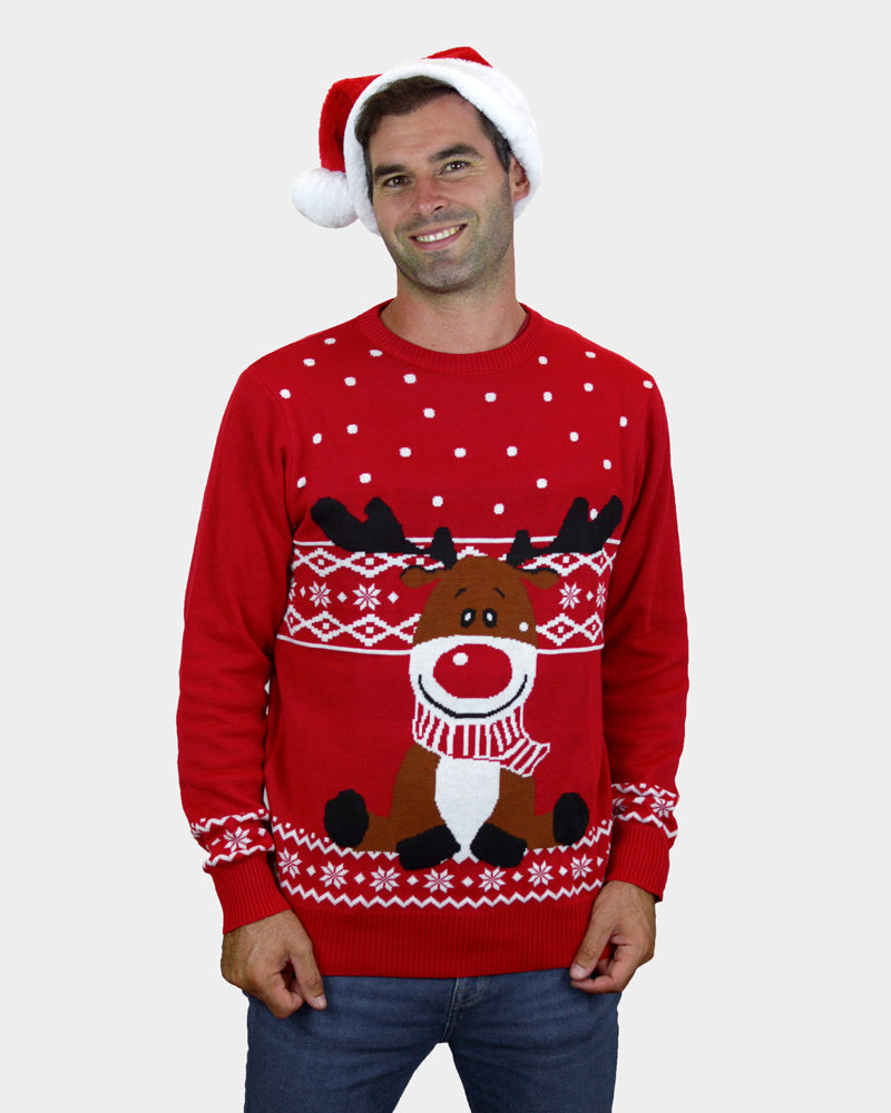 mens Red Couple's Christmas Jumper with Rudolph the Happy Reindeer
