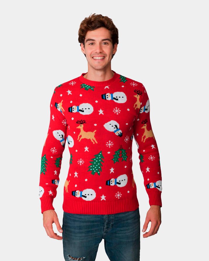 Red Couple's Christmas Jumper with Santa, Trees and Snowmens mens