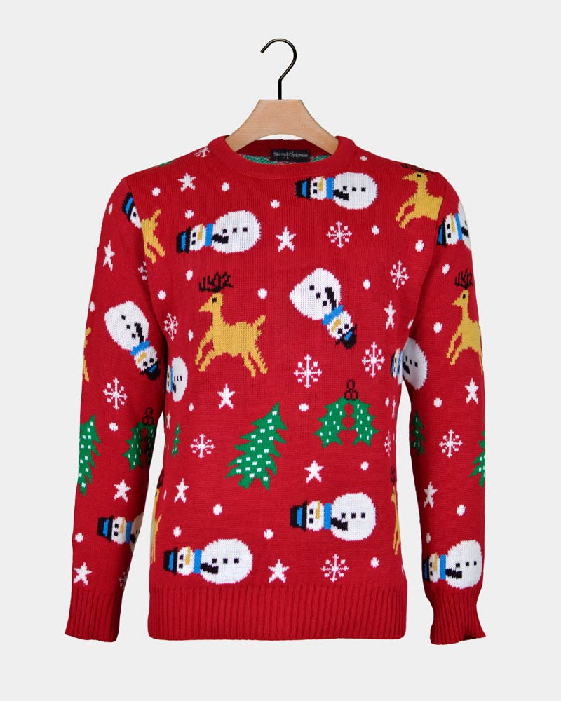 Red Couple's Christmas Jumper with Santa, Trees and Snowmens