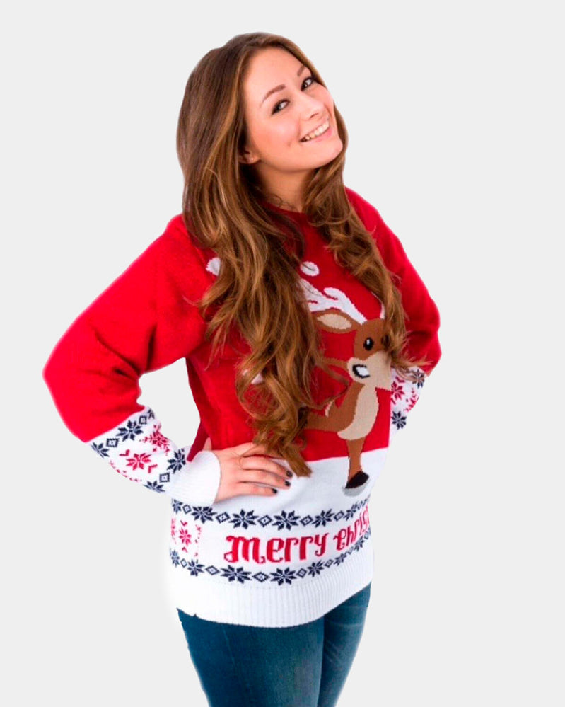 Red Couple's Christmas Jumper with Skating Reindeer womens