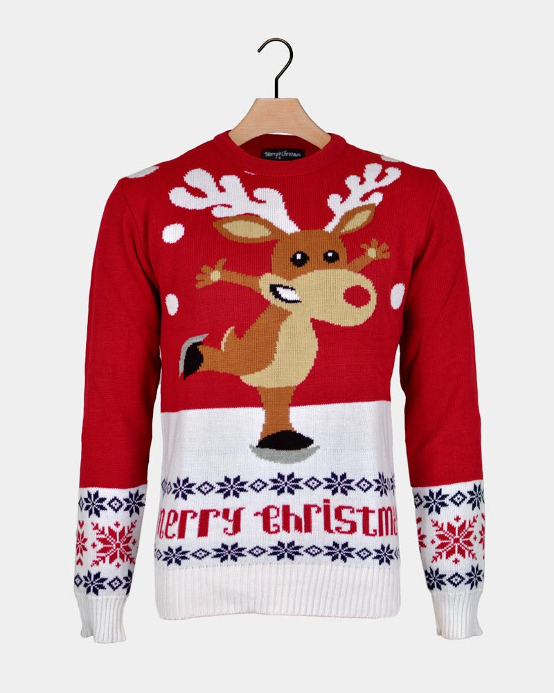 Red Couple's Christmas Jumper with Skating Reindeer