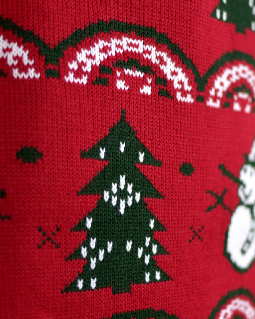 detail Red Couple's Christmas Jumper with Trees and Snowmens