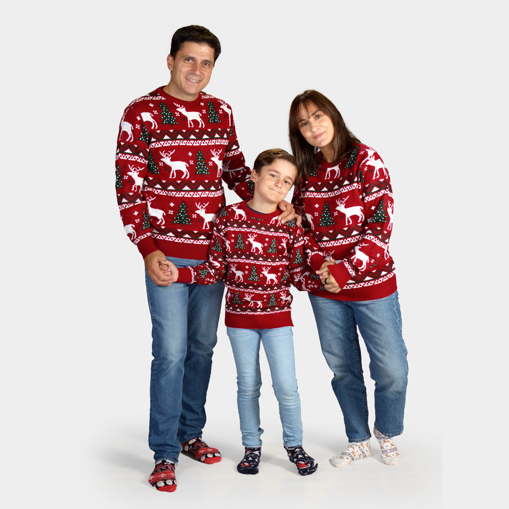 Matching Family Red Christmas Jumper with Reindeer and Christmas Trees