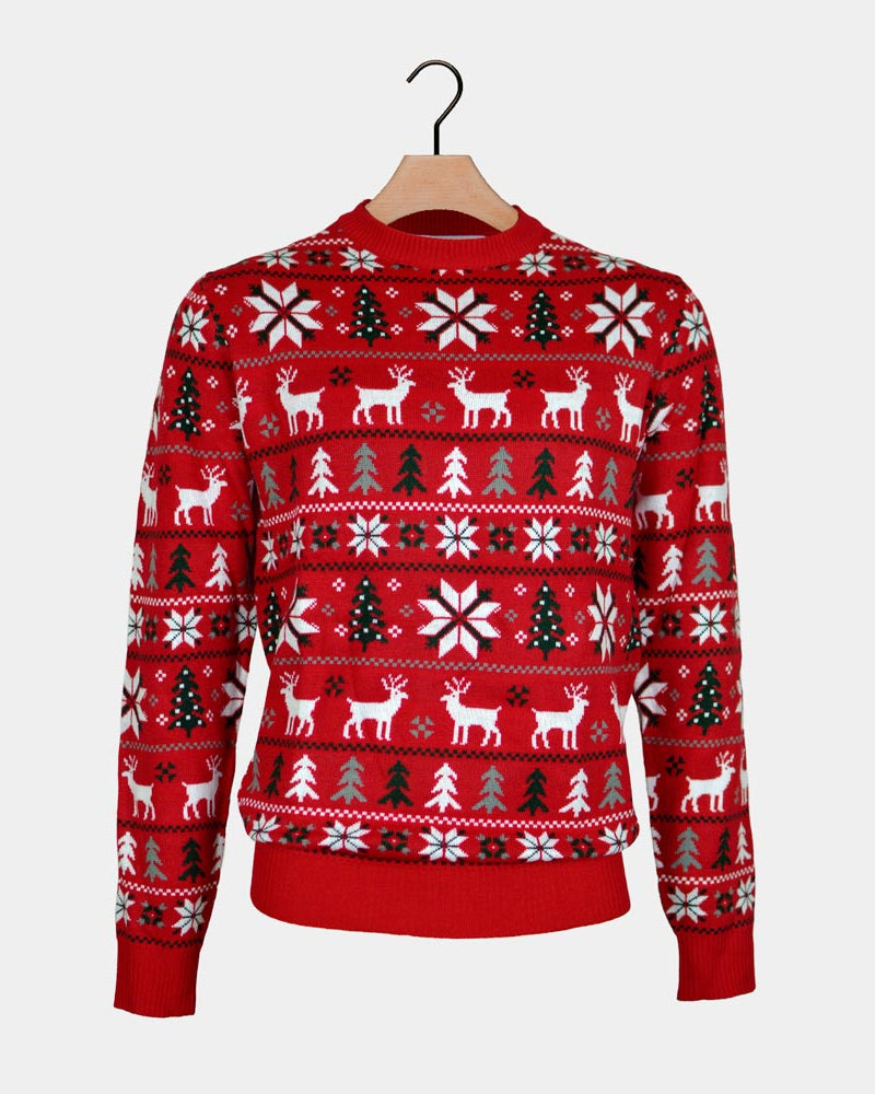 Red Family Christmas Jumper Reindeers, Trees and Polar Star