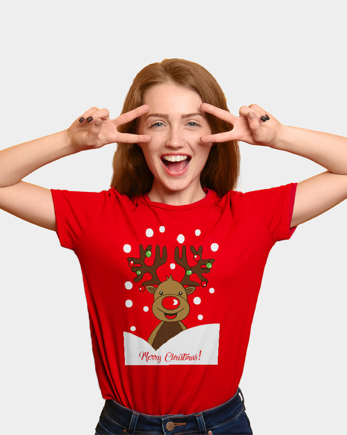 womens Red Family Christmas T-Shirt with Rudolph Reindeer