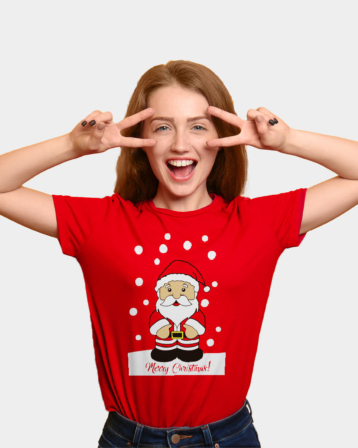 womens Red Family Christmas T-Shirt with Santa Claus