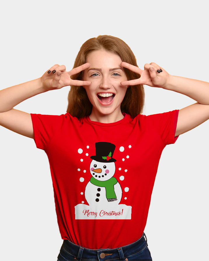 Womens Red Family Christmas T-Shirt with Snowman
