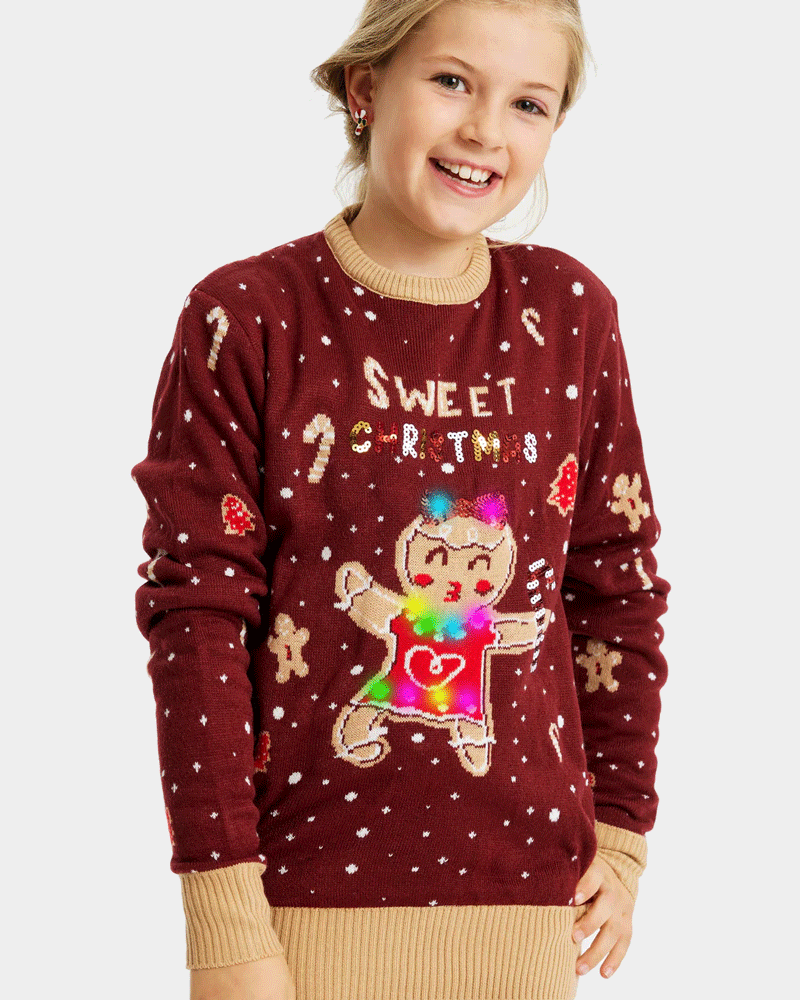 Red LED light-up Girls Christmas Jumper with Ginger Cookie