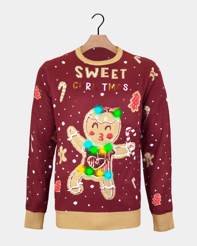 Red LED light-up Christmas Jumper with Ginger Cookie Family