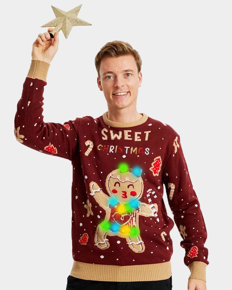 Red LED light-up Christmas Jumper with Ginger Cookie mens