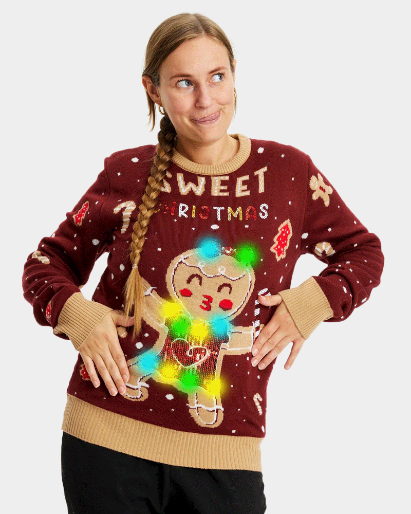 Red LED light-up Christmas Jumper with Ginger Cookie womens