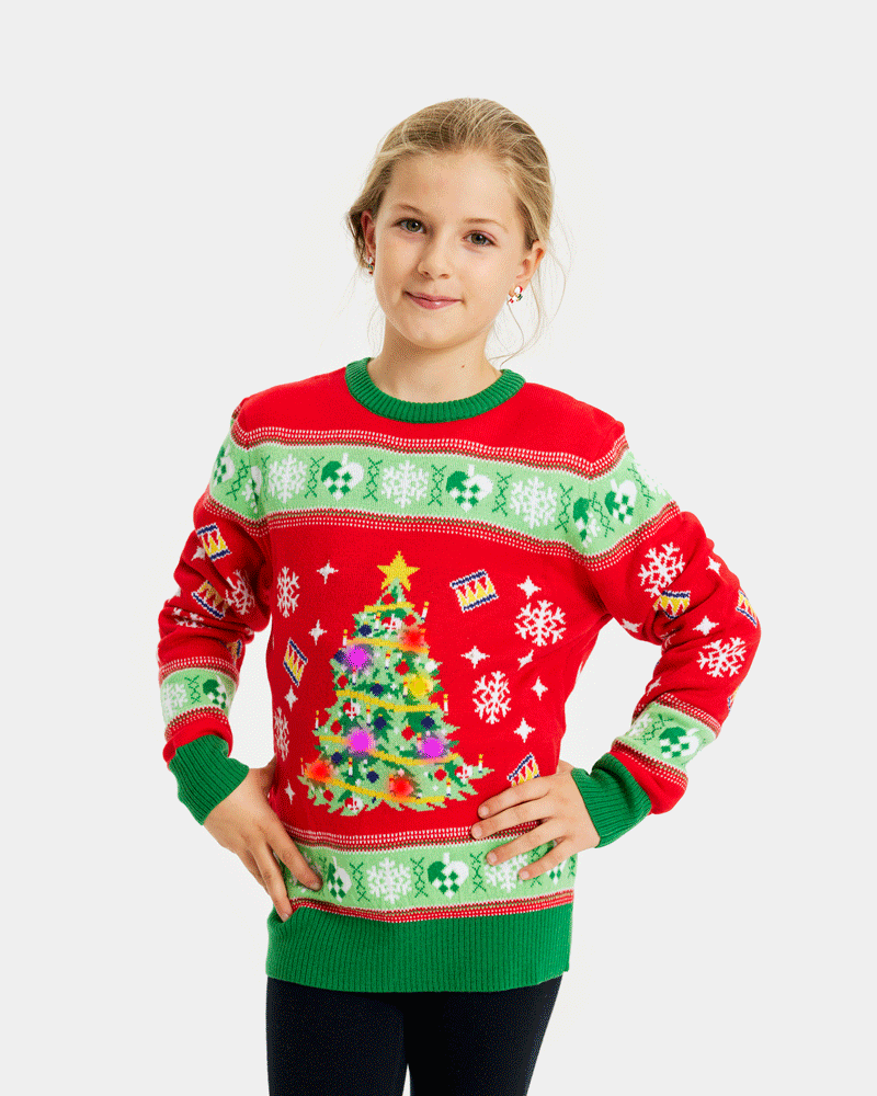 Red LED light-up Girls Christmas Jumper with Christmas Tree