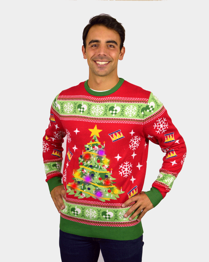 Red LED light-up Men's Christmas Jumper with Christmas Tree
