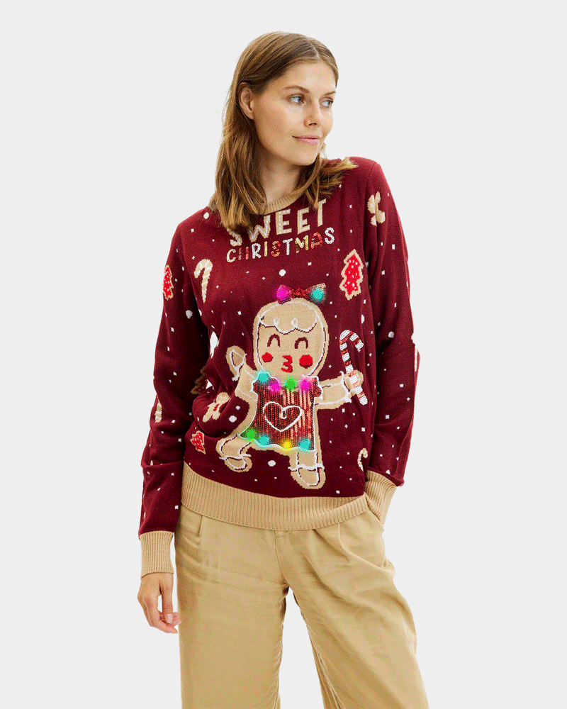 Red LED light-up Womens Christmas Jumper with Ginger Cookie
