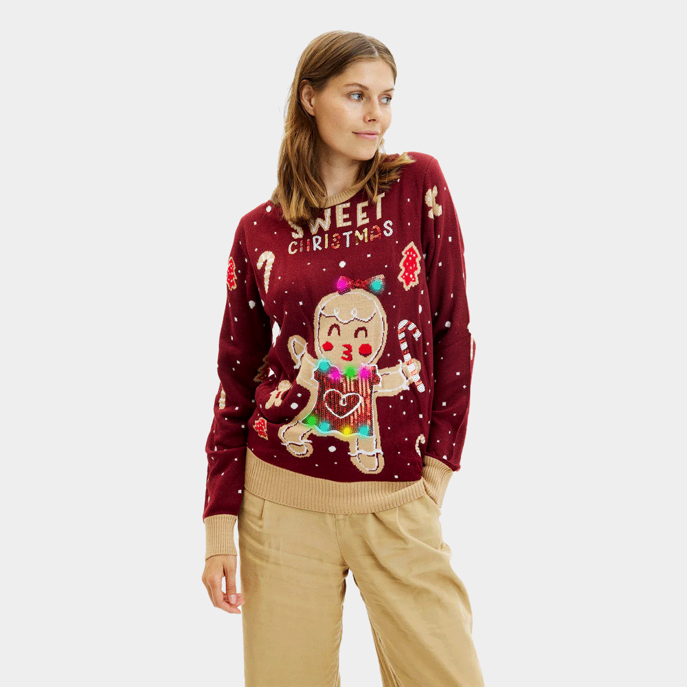 Red LED light-up Womens Christmas Jumper with Ginger Cookie