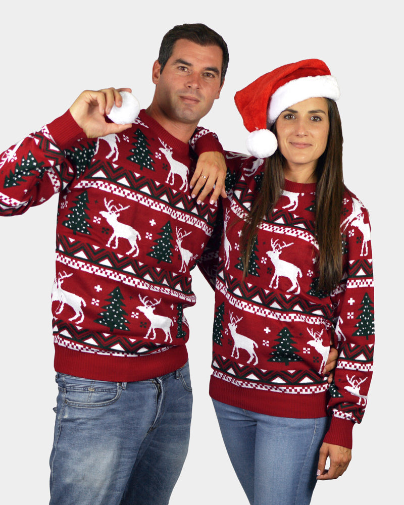 Red Men's Christmas Jumper with Reindeers and Christmas Trees women