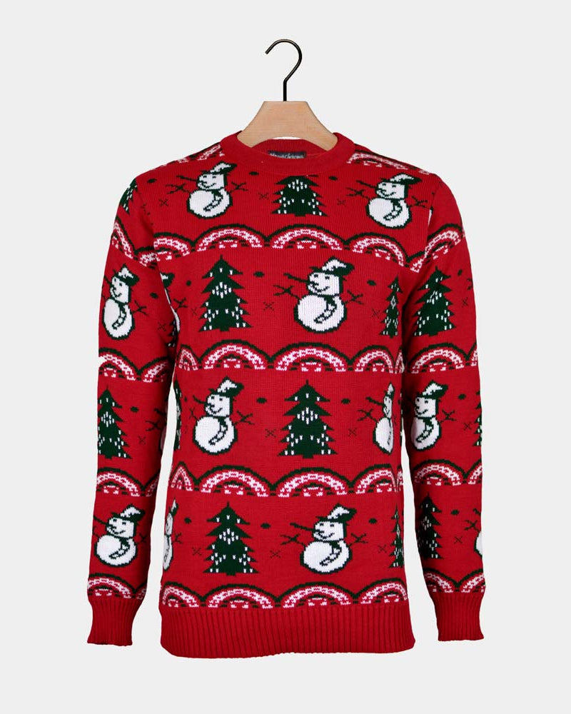 Red Men's Christmas Jumper with Trees and Snowmens