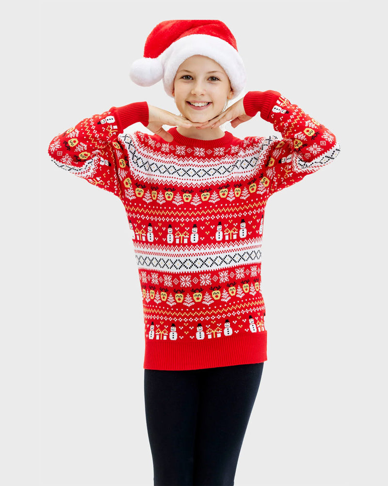 Red Organic Cotton Girls Christmas Jumper Snowmen Trees