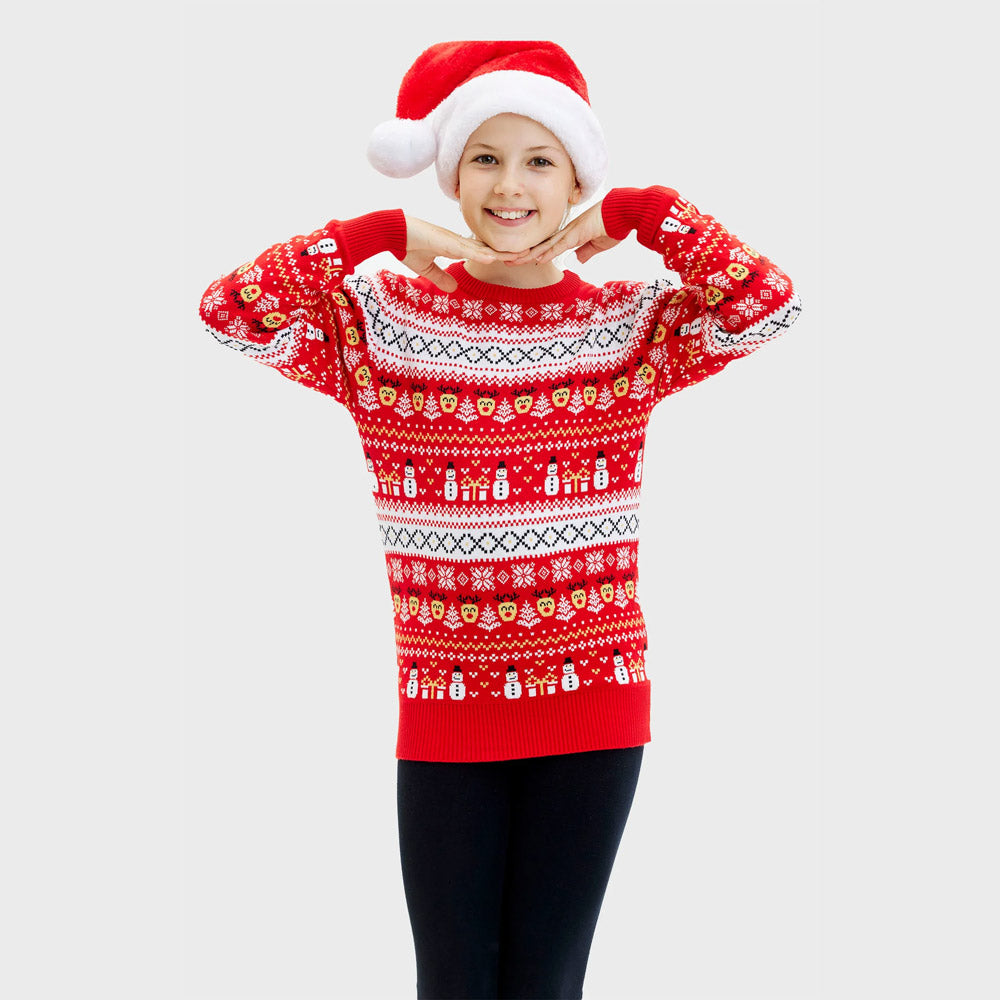 Red Organic Cotton Girls Christmas Jumper Snowmen Trees