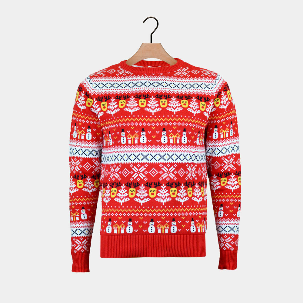 Red Organic Cotton Christmas Jumper Snowmen and Trees Womens