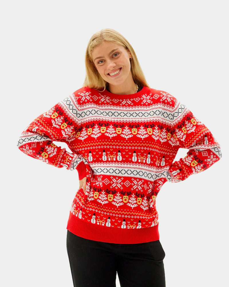 Red Organic Cotton Couple's Christmas Jumper with Snowmen and Trees womens