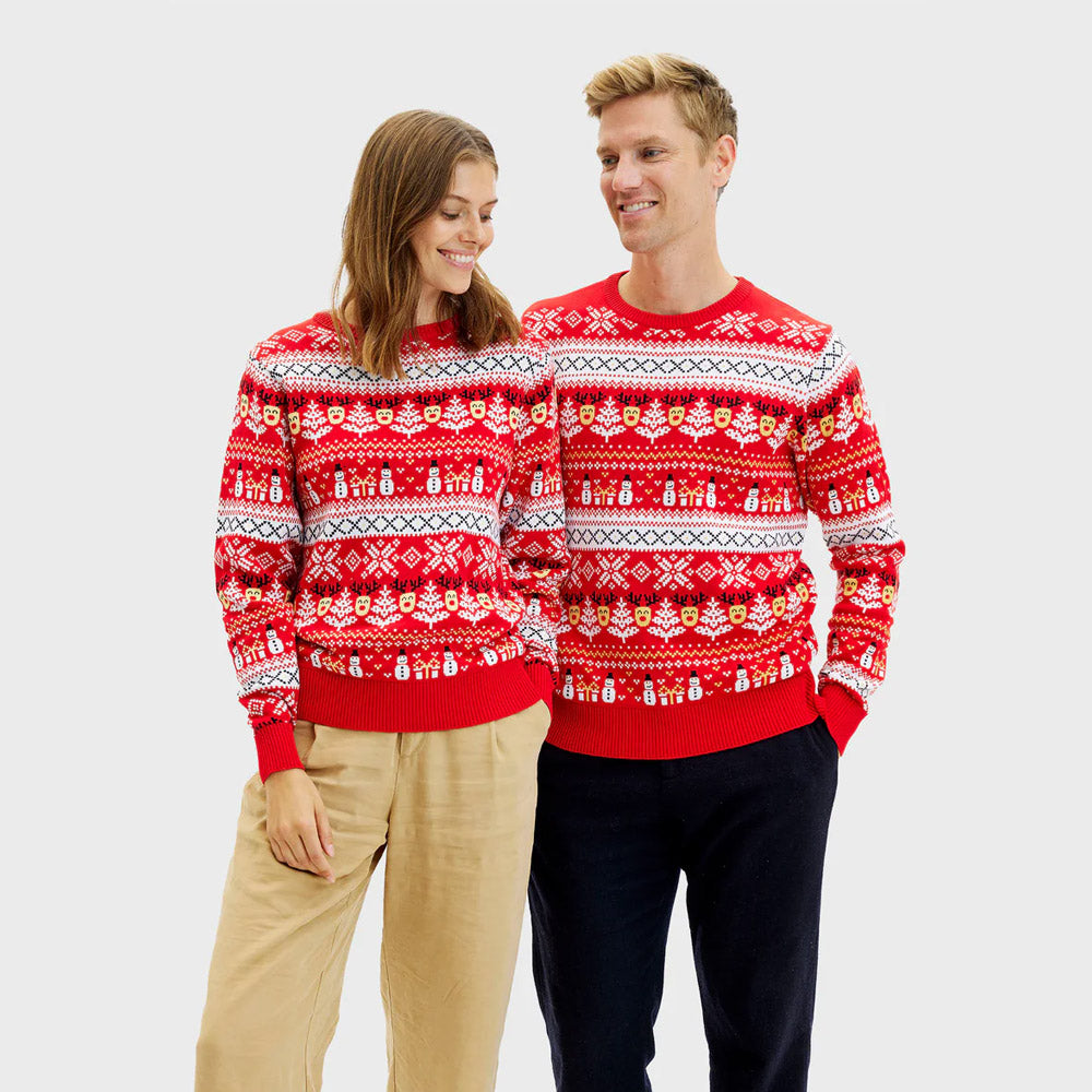 Red Organic Cotton Couples Christmas Jumper Snowmen and Trees
