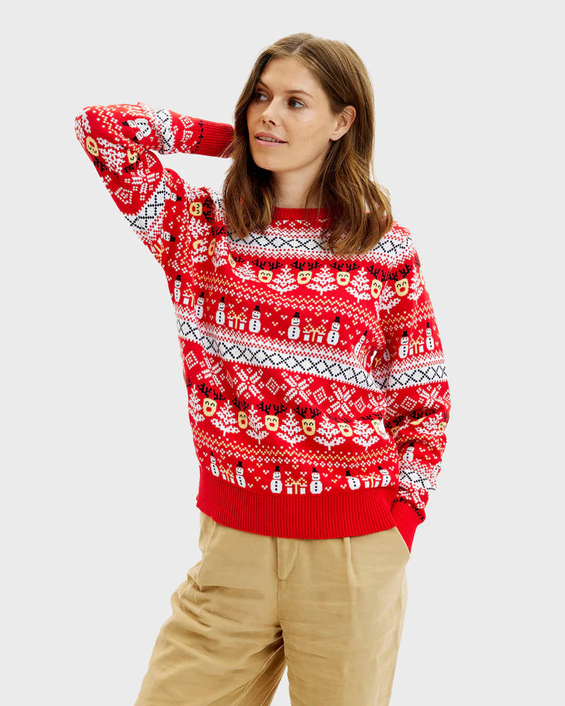 Red Organic Cotton Womens Christmas Jumper Snowmen and Trees