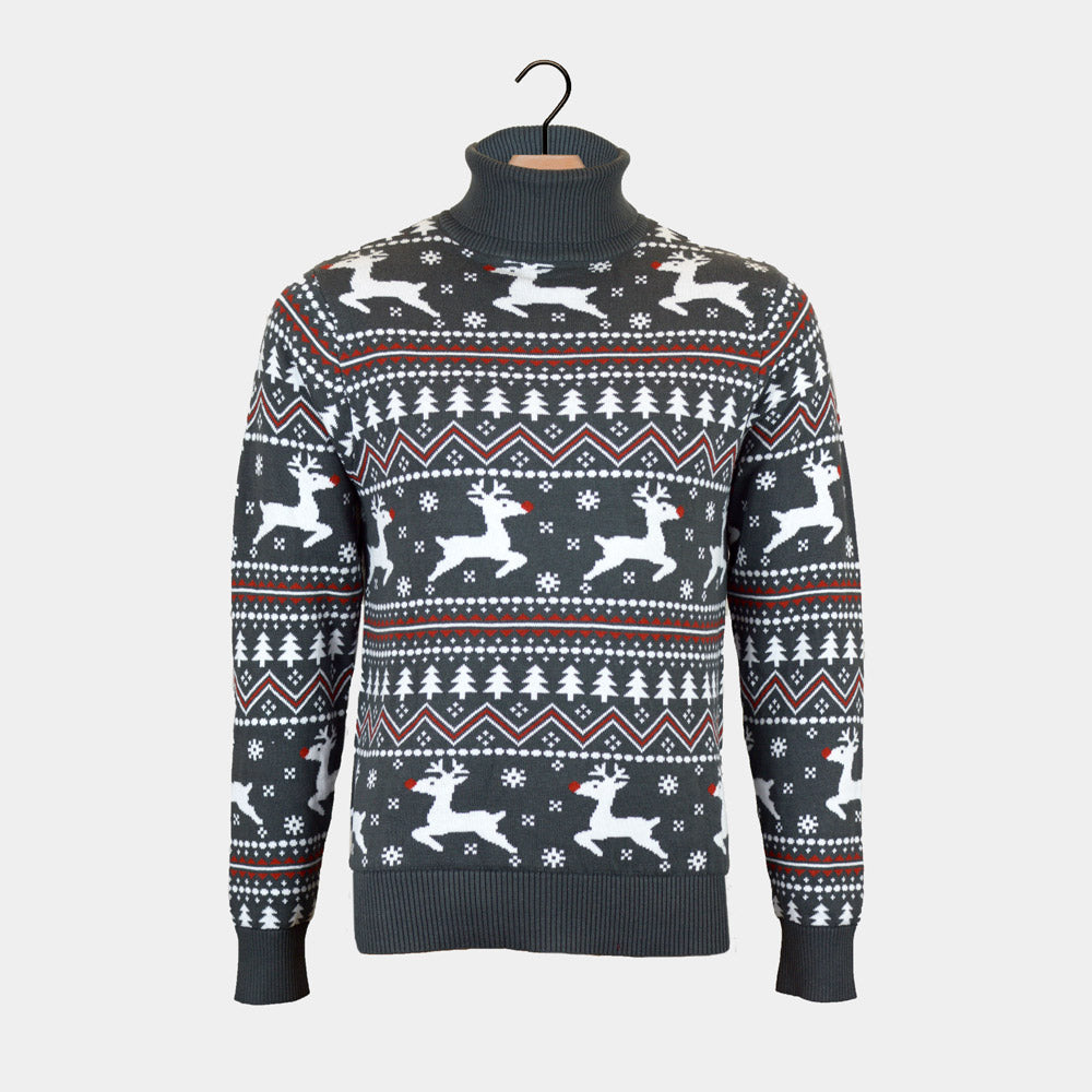 Turtleneck Organic Cotton Couples Christmas Jumper Reindeers Grey