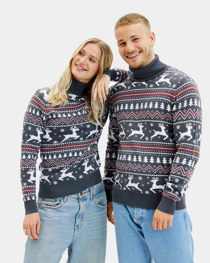 Turtleneck Organic Cotton Couple's Grey Christmas Jumper with Reindeers