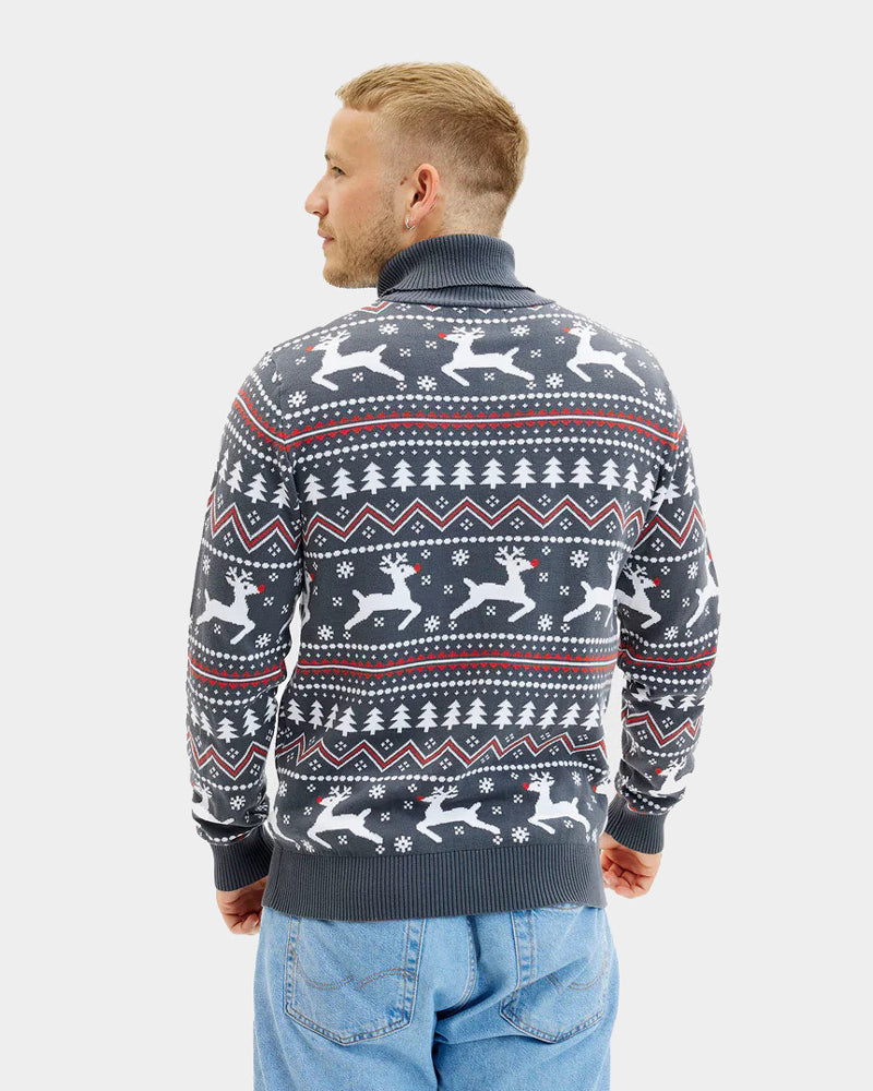 Turtleneck Organic Cotton Couple's Grey Christmas Jumper Mens Reindeers