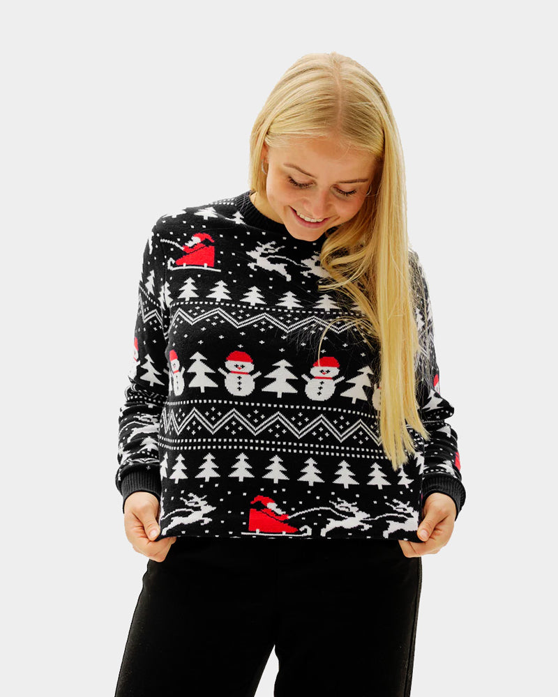 Womens Black Christmas Jumper with Trees, Snowmen and Santa